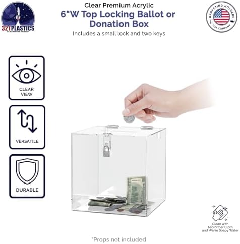 Marketing Holders Charity Donation Ballot Box 6" Square Locking Polling Bin Clear Acrylic Countertop Suggestion Cube Piggy Bank Tip Collection Container - Image 3