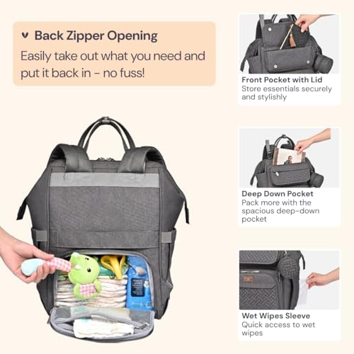 BabbleRoo Diaper Bag Backpack, Multifunction Large Bags with Changing Pad & Stroller Straps & Pacifier Case, Unisex Stylish Travel Back Pack Nappy Changing Bag for Moms Dads (Dark Gray) - Image 5