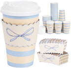 50 Pack 16oz Blue Bow Disposable Coffee Cups with Lids & Sleeves – Premium Paper for Mother's Day,Baby Shower,Birthday,Wedding,Brunch, Cafés,Party Supplies by YULLOT