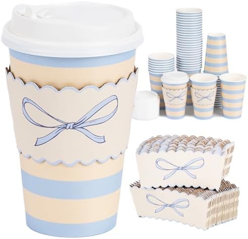 50 Pack 16oz Blue Bow Disposable Coffee Cups with Lids & Sleeves – Premium Paper for Mother's Day,Baby Shower,Birthday,Wedding,Brunch, Cafés,Party Supplies by YULLOT