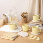 36 Pcs/6 Sets Baby Shower Prizes for Winners Include Ceramic Mugs with Spoons Woven Coasters Notebooks with Pens Clear PVC Gift Bags for Bridal Shower Party Favors (Yellow) - Image 5