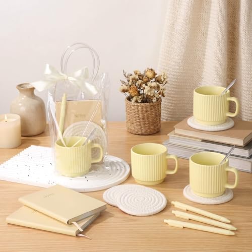 36 Pcs/6 Sets Baby Shower Prizes for Winners Include Ceramic Mugs with Spoons Woven Coasters Notebooks with Pens Clear PVC Gift Bags for Bridal Shower Party Favors (Yellow) - Image 5