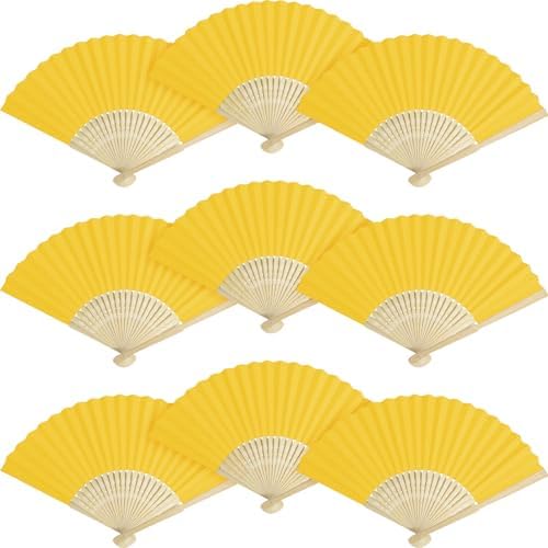 50 Pieces Paper Fans Paper Hand Fan Bamboo Folding Fan Handheld Fan Paper Folded Fan Paper Fan for Wedding Party and Home Decoration (Yellow) by Grosun