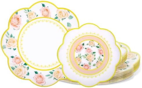 LIYH 24Pcs Gold And Pink Plastic Plates Floral Dinnerware Set For 12 Guests by LIYHLoveinyourheart