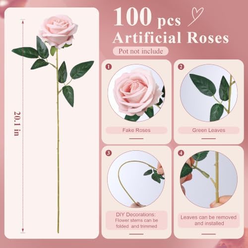 100 PCS Blush Roses Artificial Flowers, Fake Roses with Stem Realistic Silk Rose for DIY Wedding Bouquets Table Centerpieces Arrangements Baby Shower Birthday Home Decor Valentines Day Gift for Her - Image 5