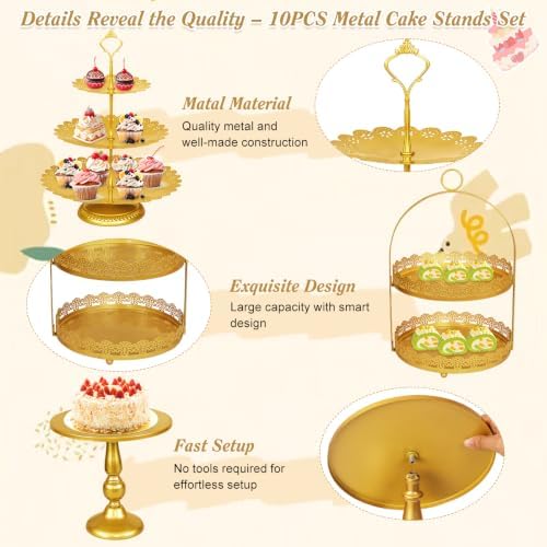 10 Pcs Gold Cake Stand Set Metal Cupcake Stands, Multiple Styles Dessert Display Tower for Candy Fruit, Cake Serving Trays for Birthday, Wedding, Anniversary, Baby Shower, Engagement Party - Image 6
