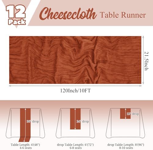 12 Pack Terracotta Fall Table Runner 10Ft Cheesecloth Table Runner Rustic Gauze Table Runners Romantic Long Sheer Fabric Cheese Cloth Table Runners for Wedding Party Bridal Baby Shower - Image 2