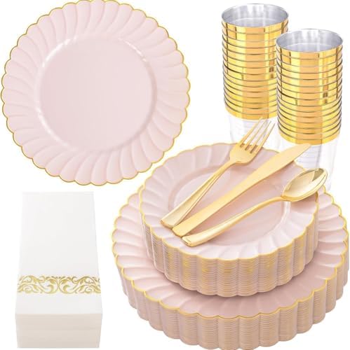 YOUBET 175PCS Pink Scalloped Plastic Plates for Party Wedding Baby Shower by YOUBET