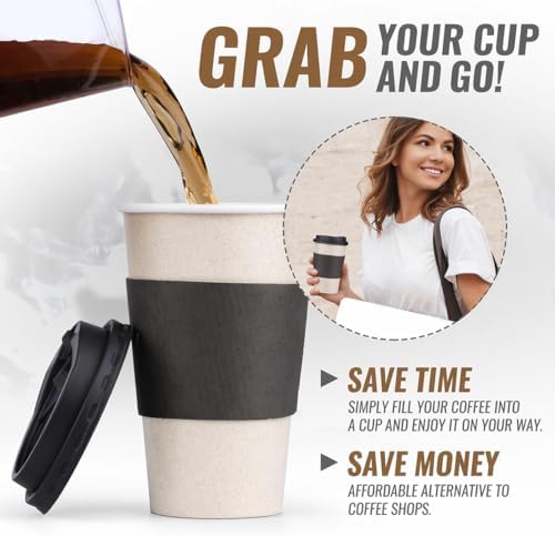 Promora 16 oz Natural Cream Disposable Coffee Cups with Lids & Sleeves, Hot Coffee Cup Sleeves Disposable, Premium Insulated To Go Coffee Paper Cups with Lids & Sleeves (16 oz, Pack of 100) - Image 7