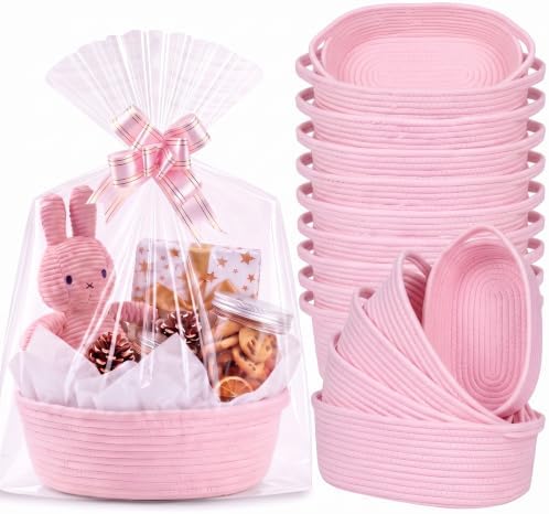 OBreezify 20 Sets Small Pink Woven Gift Basket with Handle, 12"x 8"x 5" Gift Baskets with Bags Pull Bows and Tissue Paper, Empty to Fill with Present Small Items for Baby Shower Nursery Storage by Unknown