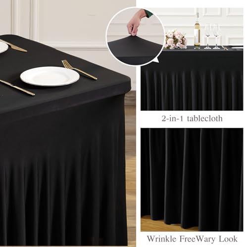 Black Table Cloth for 8 Foot Rectangle Tables Fitted Stretch Spandex Table Cover with Skirt 8ft Baby Shower Birthday Party Banquet Ruffle Tablecloth Wedding Table Cloths Desk Skirt, 2 Pack - Image 4