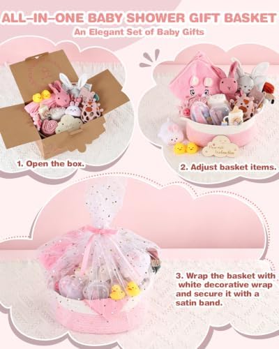 Baby Shower Gifts for Girls, 26 Piece Deluxe Baby Gift Basket - Baby Girl Gift Basket with Bunny Night Light, Electric Nail Trimmer, Bath Towe, Rattle & Milestone Cards for New Mom(Pink) - Image 6