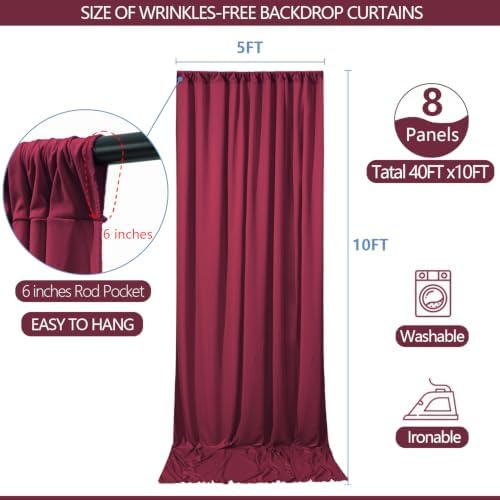 ESGOTBME 40x10ft Wrinkle Free ‌Burgundy Backdrop Curtain for Parties Soft Fabric Drapes Wedding ‌Curtain Backdrop for Birthday Party Decorations Background for Photography 5x10ft, 8 Panels - Image 4