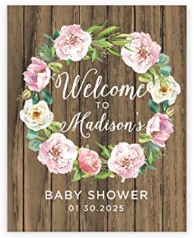 Andaz Press Custom Large Baby Shower Canvas Welcome Sign, 16 x 20 Inches, Rustic Wood Pastel Peonies Wreath, Guestbook Alternative, Personalized Sign Our Canvas, For Fall, Rustic, Boho, Baby Shower by AndazPress