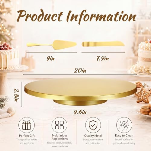 Wenqik 20 Inch Metal Cake Stand with Cake Knife and Spatula, Round Dessert Table Display Stand Metal Dessert Tray Serving Platter for Party, Wedding, Birthday, Baby Shower, Anniversary(Gold) - Image 2