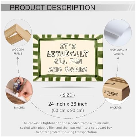 Wrapped Framed 24x36 inch It's Literally All Fun And Games Funny Quotes Wall Art Preppy Minimalist Poster Canvas Prints For Kids Living Room Nursery Bedroom Wall Decor - Image 2