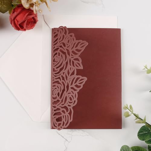 50pcs Tri Fold Wedding invitations Rose Hollow Laser Cut 5x7 '' Burgundy - Image 2