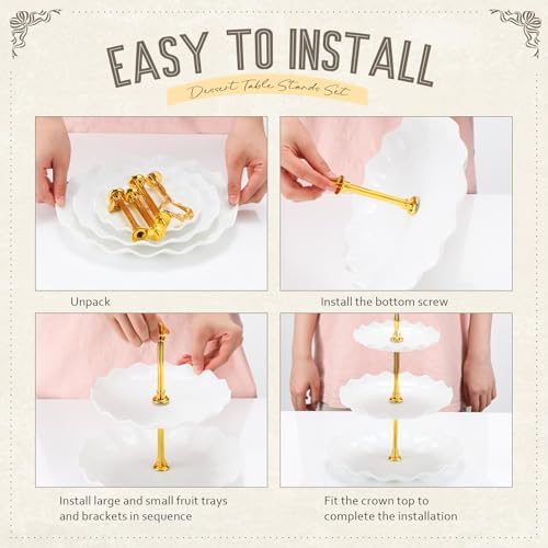 Willinglong 14 Pcs Dessert Table Stands Set 3 Tier Plastic Cupcake Stands Cookie Display Tower Gold Rim Dessert Serving Tray for Party Wedding Birthday Bridal Baby Shower (White and Gold) - Image 3