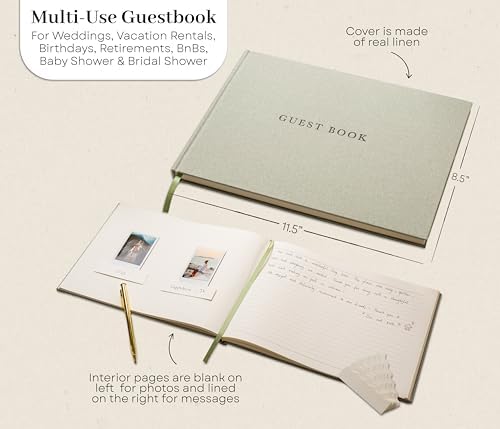 Real Linen Guest Book Set - 11.5 x 8.5 Embossed Guestbook for Weddings, Showers, Events, Blank & Lined, Comes with Sign, Pen, Box and Photo Sleeves, 120 Pages (Leaf) - Image 5