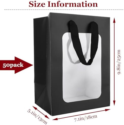 YOUNTHYE 50PCS Black Gift Bags with Window Black Kraft Paper Gift Bags with Transparent Window 9.8x7x5 inch Transparent Window Bags with Handles for Christmas Birthdays Festivals Party Weddings Wrapping - Image 2