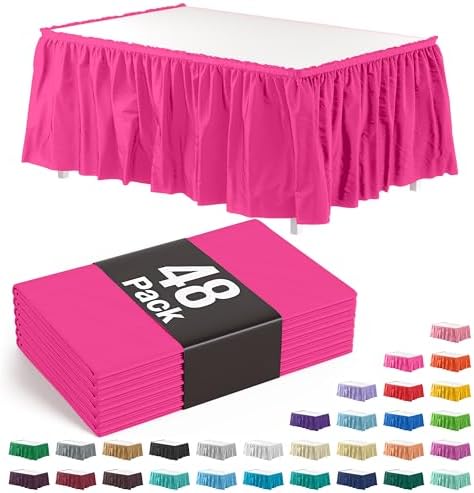Exquisite Cerise Hot Pink Table Skirt 48 Pack - Disposable Plastic Table Skirts for Rectangle Tables 6ft 8ft & Round Tables - 29in x 14ft Self-Adhesive Strip - Birthday Wedding Gender Reveal Decor by Exquisite
