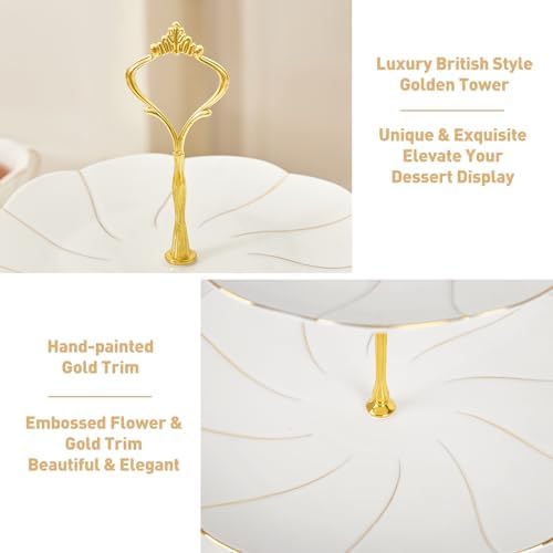 DUJUST Luxury Larger 2-Tier Cupcake Stand Tower, British Style Porcelain Serving Tray with Golden Trim, Food Grade Dessert Display Stand for Tea Party & Home Décor - 40% Larger Plates - Image 3