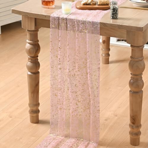 Artoid Mode 10Pcs Pink Gauze Gold Table Runner 10FT, Glitter Metallic Foil Sheer Dining Wedding Anniversary Holiday Table Decor for Home Party - Image 5
