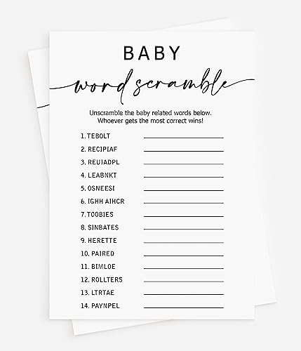 All Ewired Up 150 Piece Minimalist Baby Shower Games for 50 Guests, Trivia, Predictions & Advice, Word Scramble, Thick Card Stock - Image 3