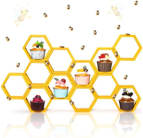 Fairysandy 12 Pcs Mini Honeycomb Cupcake Stand 50 Tiny Wooden Bee, Gold by FairySandy