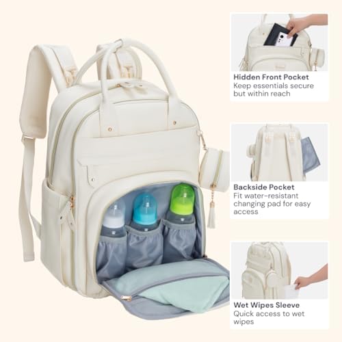 BabbleRoo Leather Diaper Bag Backpack - Baby Essentials Travel Baby Bag, Multi function, Water Resistant, with Changing Pad, Stroller Straps & Pacifier Case – Unisex, Eggshell White - Image 6