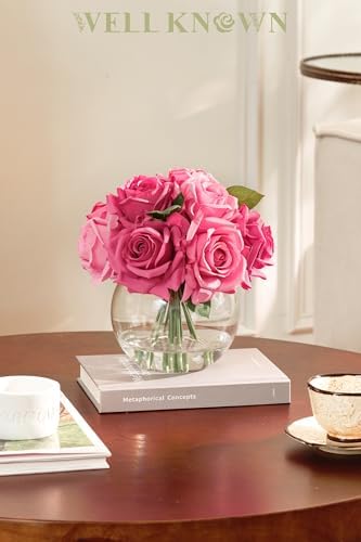 WELL KNOWN Artificial Flowers with Vase, Fuchsia Pink Silk Rose - Image 3