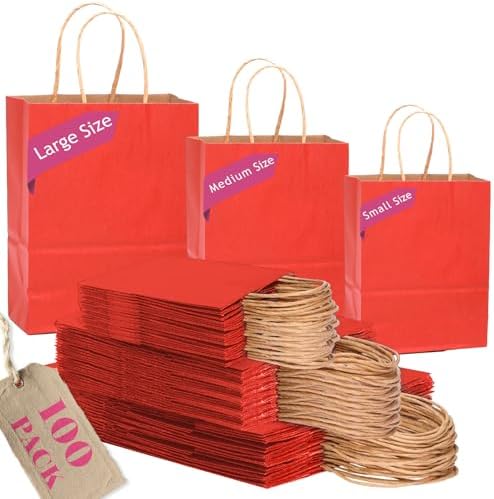 qiqee 100PCS Gift Bag with Handles Bulk Kraft Red Paper Bags Assorted Sizes(33pcs Large 13",33pcs Medium 11",34pcs Small 8") by Qiqee