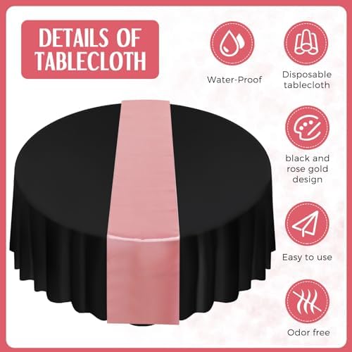 Tudomro 16 Pcs Black and Rose Gold Round Tablecloth and Satin Runner Set - Image 3