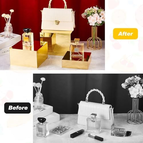 Leinuosen 7 Pcs Large Buffet Risers Set 6" to 12" Acrylic Display Box Catering Dessert Table Riser Food Display Decorative Stand with Hollow Bottom for Catering Supplies(Gold, Square) - Image 4