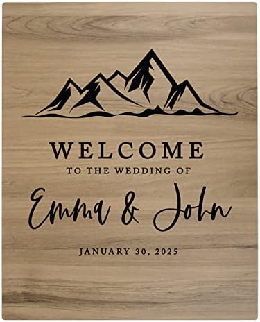 Andaz Press Large Wooden Welcome Sign for Wedding, Rustic Welcome Sign 16" x 20" Custom Names Minimal Mountains Wedding Signage English Oak MDF Wood Finish Wedding Reception Indoor Outdoor Signs by AndazPress