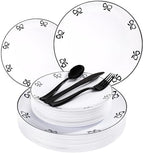 125PCS Black Bow Plastic Plates - White and Black Disposable Plates by Joyido
