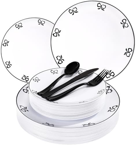 125PCS Black Bow Plastic Plates - White and Black Disposable Plates by Joyido