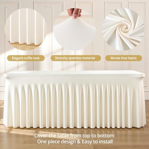 6 Pack Ivory Spandex Tablecloths for Rectangle Tables 8 Foot Ivory Stretch Table Cloth Rectangle 8ft Elastic Fitted Table Cover with Skirt for Wedding Birthday Party Banquet Baby Shower Buffet Event - Image 6
