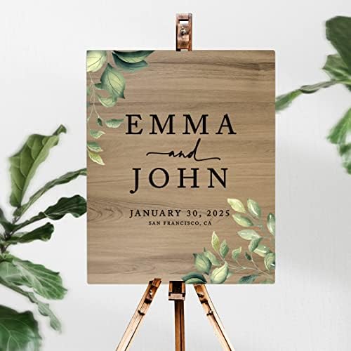 Andaz Press Large Wooden Welcome Sign for Wedding, Rustic Welcome Sign 16" x 20" Custom Names Greenery Leaves Wedding Signage English Oak MDF Wood Finish Wedding Reception Indoor Outdoor Signs - Image 2
