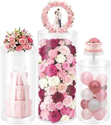 Cylinder Pedestal Stands for Party, 36in/30in/24in Tall Round Acrylic Column Tables Display Plinth Pillars, Clear Wedding Dessert Table Risers for Wedding, Ceremony, Birthday, Party, Art Decor (3Pcs) by CNCEST