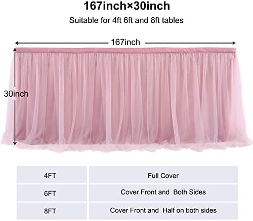167in Dusty Rose Tulle Table Skirt for Rectangle Tables 6/8ft, 2-Layer Gold Grim Blush Pink Ruffle Tulle Tutu Cloth Table Skirt 14ft for Wedding Birthday Party Baby Shower Dessert(No Table Cover) - Image 6