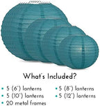 Quasimoon PaperLanternStore.com Ultimate 20-Piece Tahiti Teal Paper Lantern Party Pack - Assorted Sizes of 6, 8, 10, 12 Inch (5 Round Lanterns Each) for Weddings, Birthday, Events and Decor - Image 3