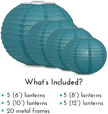 Quasimoon PaperLanternStore.com Ultimate 20-Piece Tahiti Teal Paper Lantern Party Pack - Assorted Sizes of 6, 8, 10, 12 Inch (5 Round Lanterns Each) for Weddings, Birthday, Events and Decor - Image 3