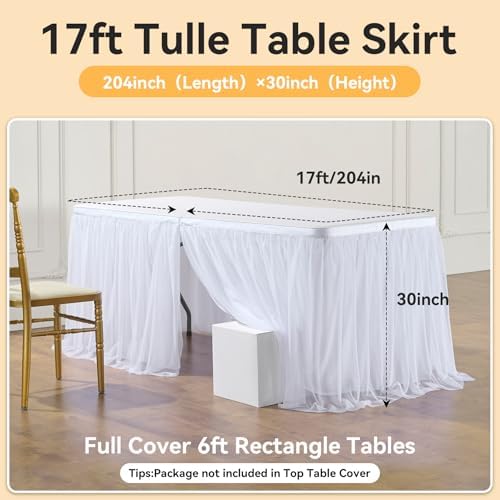 204in White Tulle Table Skirts for Rectangle Tables 6ft 8ft, 2-Layer Gold Grim Ruffle Tulle Tutu Cloth Table Skirt 17ft Long for Wedding Birthday Party Baby Shower Cake Dessert Tables(No Table Cover) - Image 5