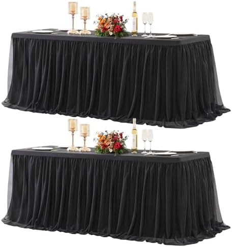 2 Pack Black Tulle Tablecloths for 6 Foot Rectangular Tables, 72 x 30 Inch Black Rectangle Table Cloths, Wrinkle Free Table Cover with Tutu Skirt for Wedding Birthday Party Banquet Buffet Decorations by Suppromo