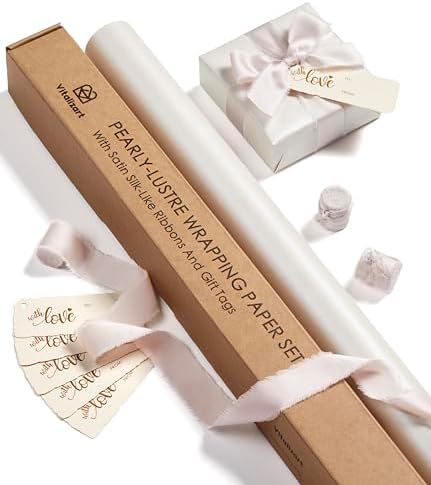Vitalizart White Wrapping Paper Set 30" Pearly-Lustre Ribbons & Gift Tags by Vitalizart