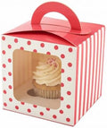 Restaurantware-Pastry Tek 4.5 Inch Individual Cupcake Boxes, 100 Polka Dots Cupcake Favor Boxes - Fits 1, With Window, Pink Paper Cupcake Gift Boxes, Built In Handle, For Weddings Or Parties by Restaurantware