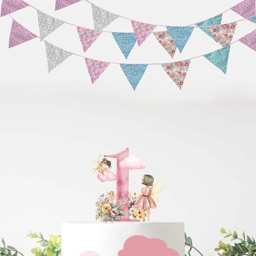Zwiebeco 32Ft Pink Blue Purple Floral Fabric Bunting Triangle Flag Cotton Flower Pennant Banner Decoration for Birthday Wedding Engagement Baby Shower Tea Party Spring Rustic Village Home Garden Décor - Image 3