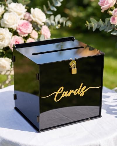 Black Acrylic Wedding Card Box with Slot and Lock, Modern Mirror Card Holder for Reception, Graduation, Gothic Party, Bridal, Baby Shower, Birthday, Elegant Decorative Gift Boxes for Money Envelope by CORALMEE