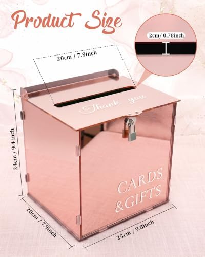 Rose Gold Acrylic Wedding Card Box with Slot and Lock, Mirror Acrylic Card Holder for Reception, Graduation, Bridal & Baby Shower, Birthday Party, Shiny Decorative Gift Boxes for Cards and Money - Image 3